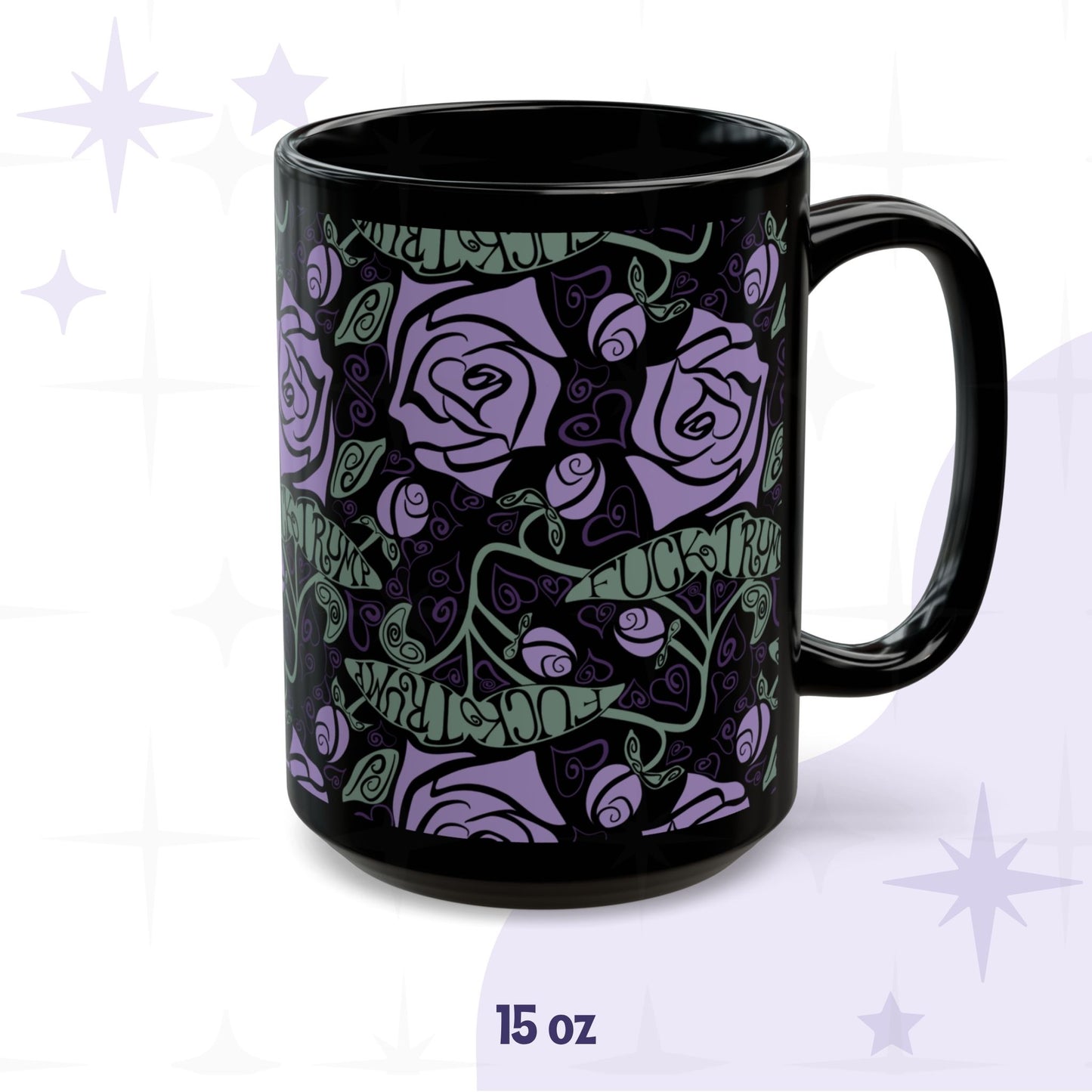 15 oz Fuck Trump hidden message mug with dark botanical floral wrap print on black ceramic