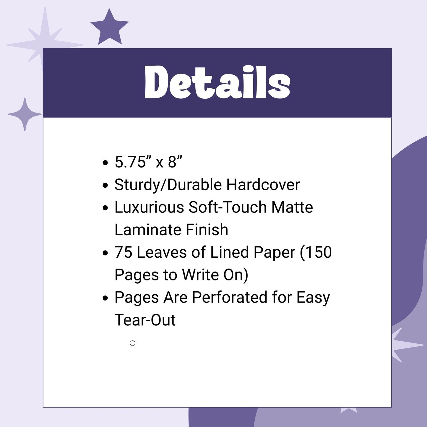 Product details graphic for KPI profanity journal showing specs: 5.75 by 8 inches, sturdy hardcover, soft-touch matte laminate, 75 leaves of lined paper, perforated pages