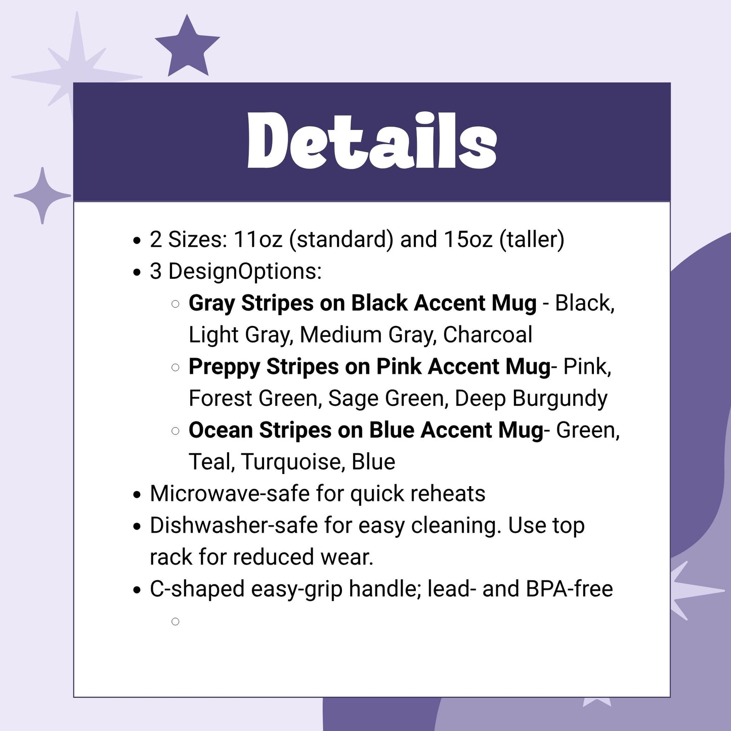 Product details spec card for hidden message mug: 2 sizes (11oz and 15oz), 3 colorways (Gray & Black, Preppy & Pink, Ocean & Blue), microwave and dishwasher safe, BPA-free