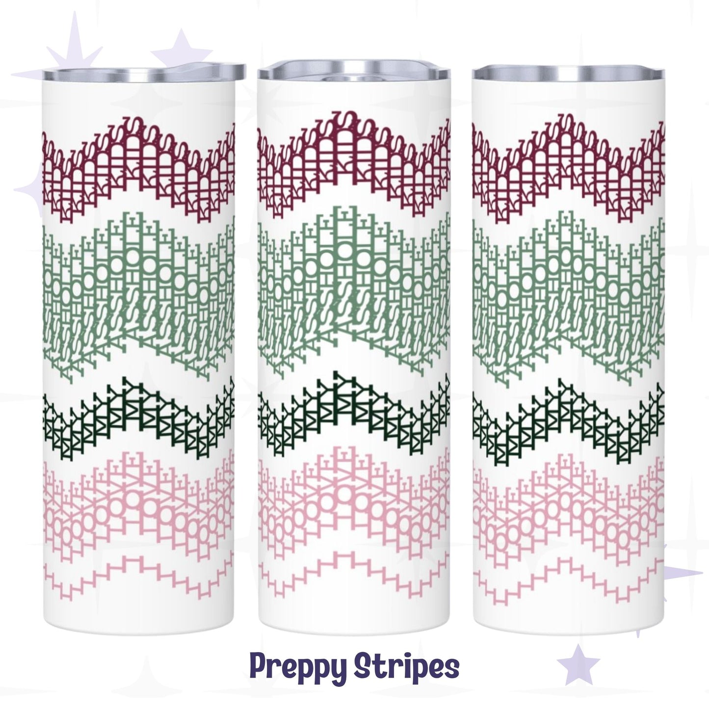 Three side-by-side views of the Preppy Stripes colorway hidden message tumbler — burgundy, sage green, forest green, and blush pink embroidery stripe chevron pattern on white stainless steel body