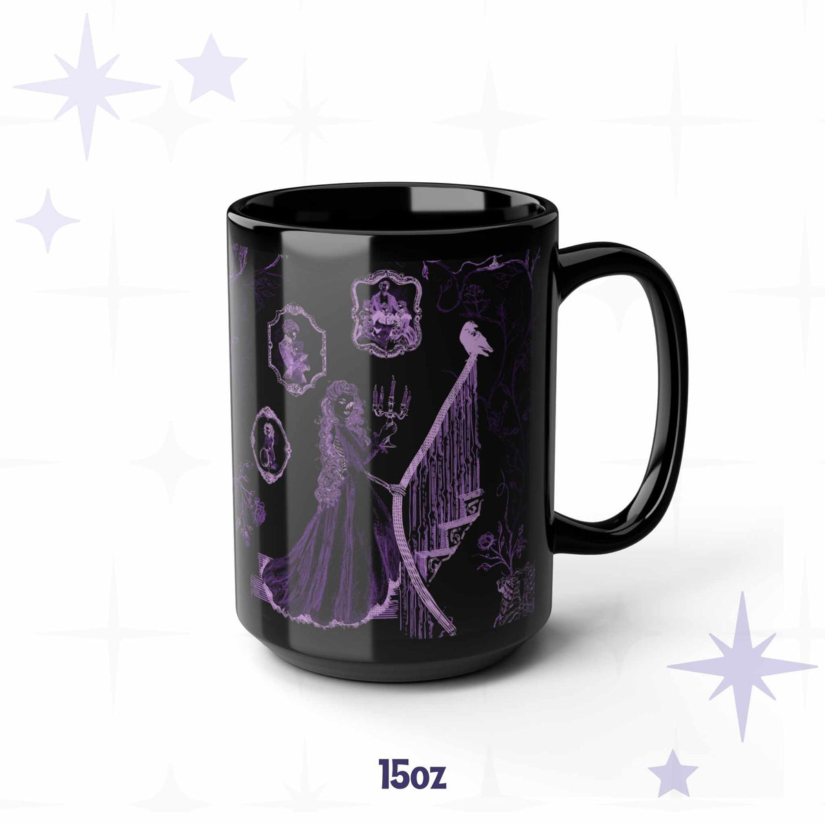 15 oz purple zombie toile mug showing a dead debutante in a ball gown with a lit candelabra on a grand staircase
