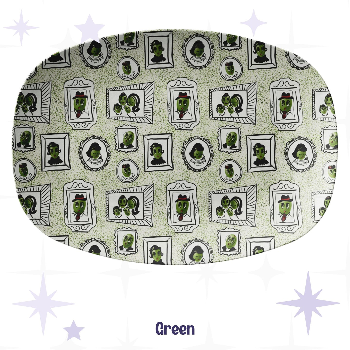 Retro olive portrait serving platter in sage green speckle colorway showing full allover mid-century gallery wall pattern of framed illustrated olive characters on pale sage terrazzo-style ground