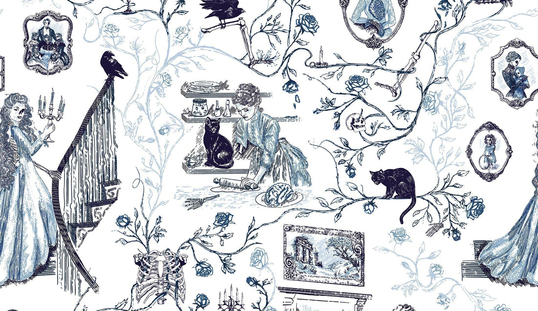 Gothic delft blue toile pattern with a skeletal woman holding a candelabra on a staircase, a cook rolling dough beside a brain on a plate, black cats, ravens, roses, and framed family portraits.