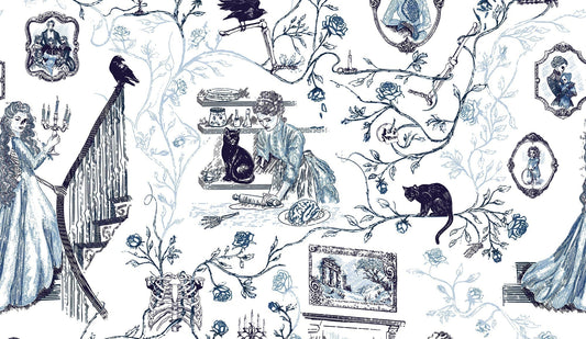 Gothic delft blue toile pattern with a skeletal woman holding a candelabra on a staircase, a cook rolling dough beside a brain on a plate, black cats, ravens, roses, and framed family portraits.