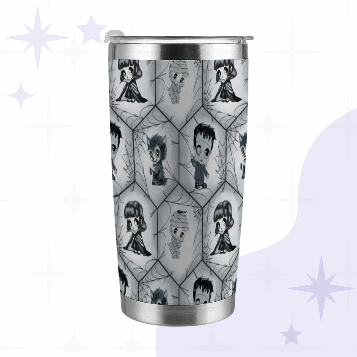 Creepy cute monster tumbler in black and white with chibi vampire, werewolf, mummy, and Frankenstein standing in a hexagon spiderweb pattern