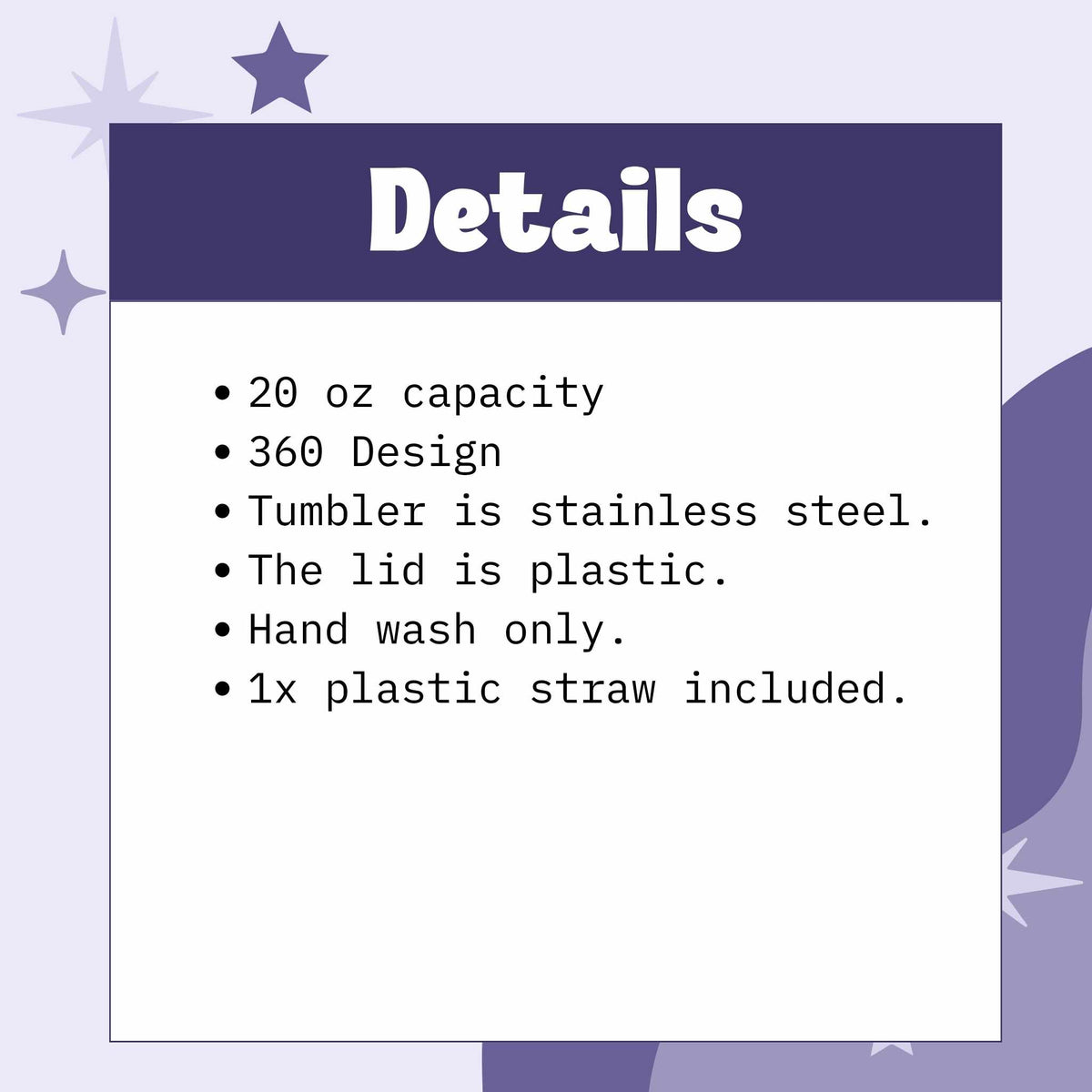 Product details card for the 20oz stainless steel tumbler listing double wall insulation, a clear slider lid, and a metal straw