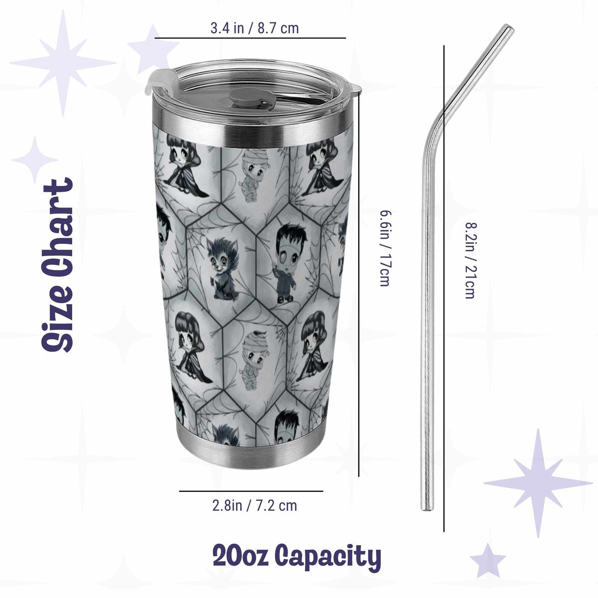 Size chart for the 20oz stainless steel monster tumbler, 6.6 inches tall and 3.4 inches wide with an 8.2 inch metal straw