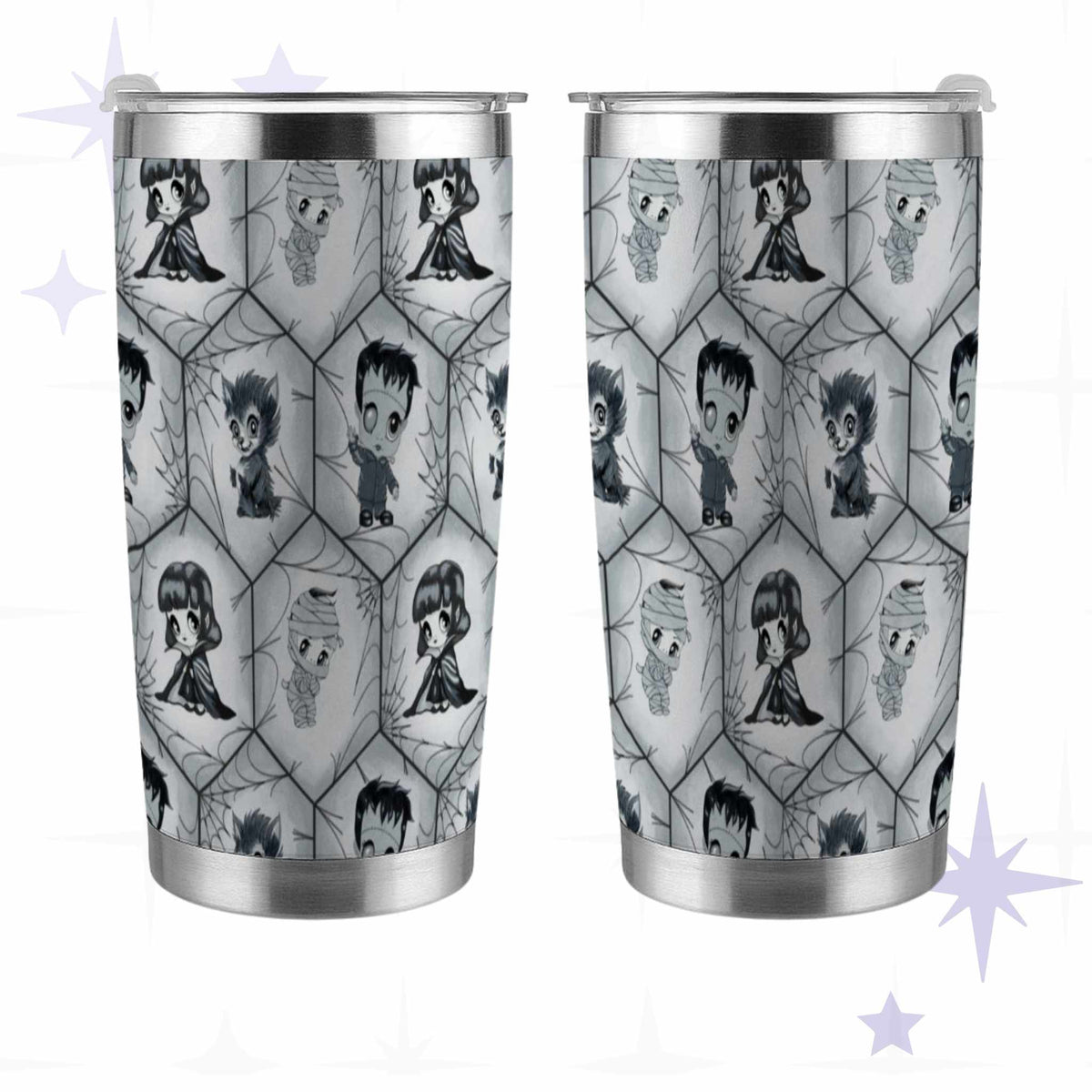 Front and back views of the black and white classic monster tumbler showing the full wrapped spiderweb lattice design