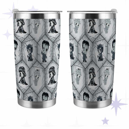 Front and back views of the black and white classic monster tumbler showing the full wrapped spiderweb lattice design