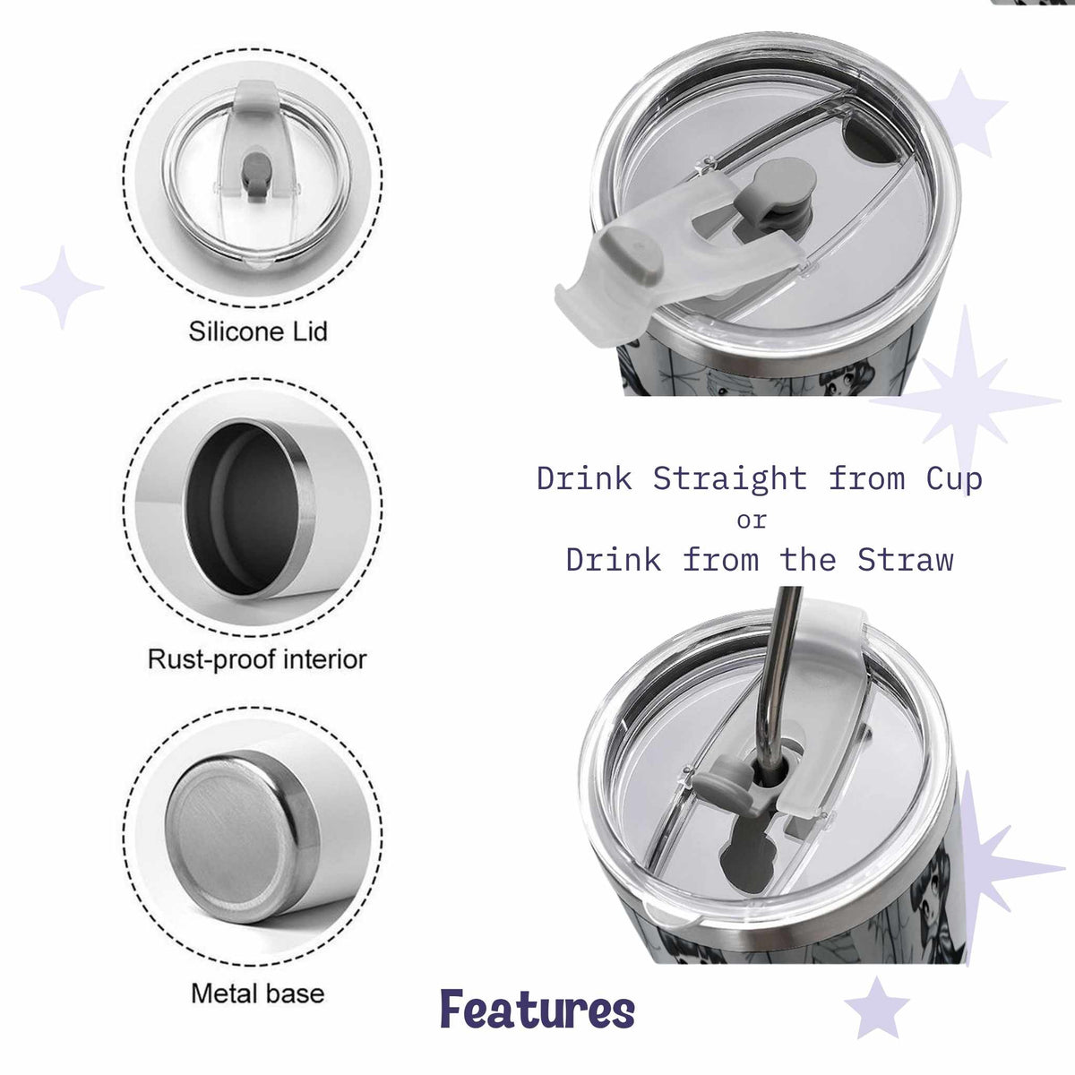 Tumbler features including the clear silicone slider lid, rust-proof interior, and metal base, shown with the metal straw in place