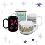 thumbnail of Dubious Doodles mug collection featuring a black mug with pink illustrated roses, a travel mug with green and blue profanity chevron pattern, a white mug with black lace-style typography waves, and a wide latte mug reading Weird with retro olive characters