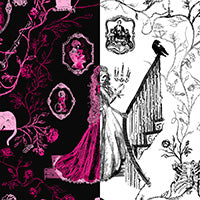 Thumbnail of Victorian zombie staircase scene shown in two colorways, neon pink on black on the left and classic black and white on the right, split down the center
