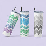 Three hidden profanity skinny tumblers with straws on a lavender background, each featuring a chevron pattern made from repeated swear words in different colorways: multicolor green to purple, blue and teal, and grayscale