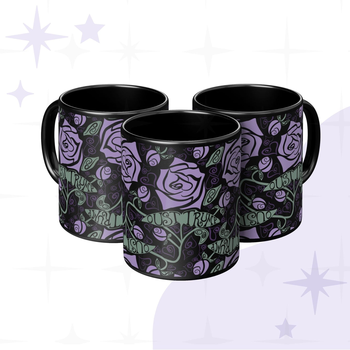 Three black ceramic anti-Trump mugs with Art Nouveau lavender rose and hidden message design grouped together