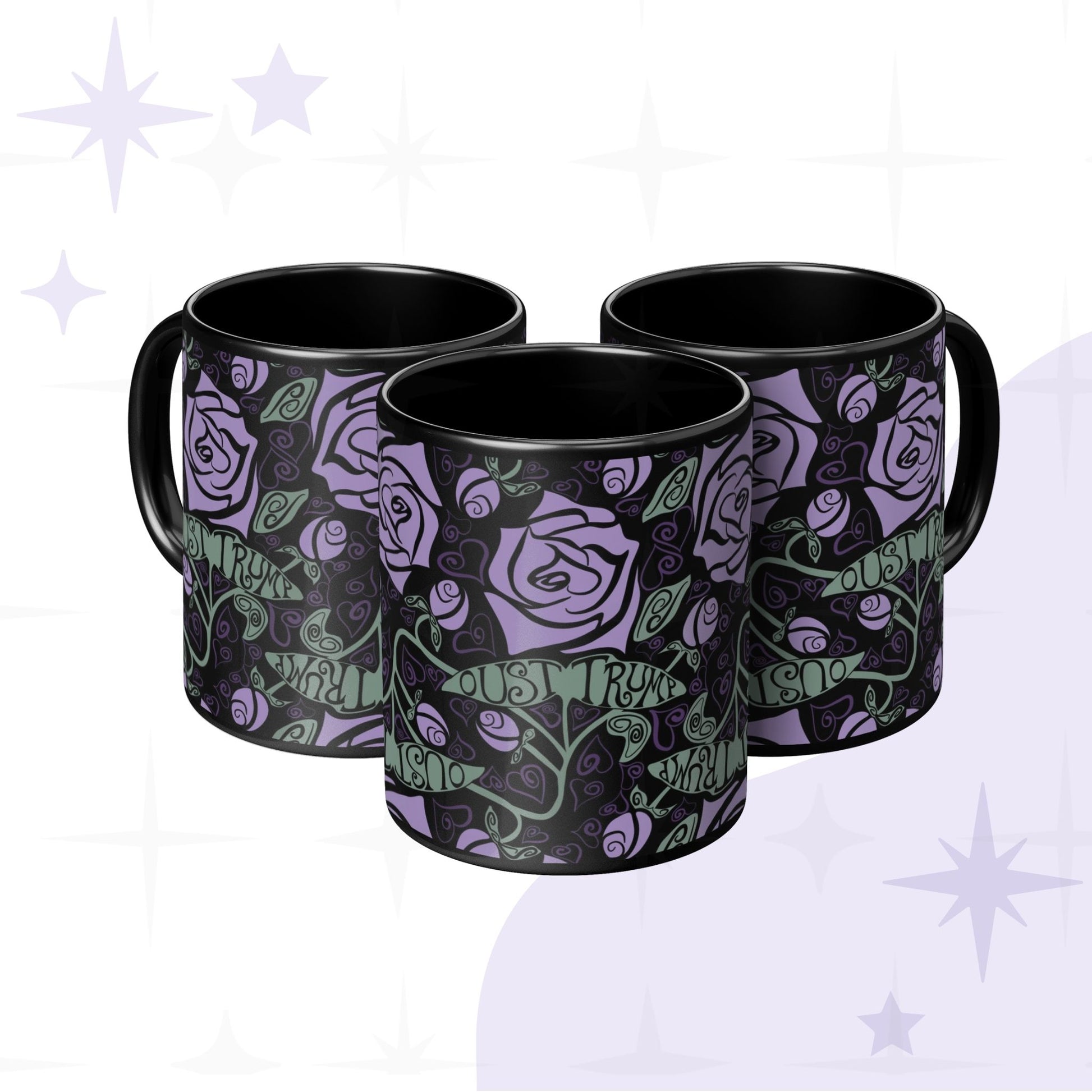 Three black ceramic anti-Trump mugs with Art Nouveau lavender rose and hidden message design grouped together