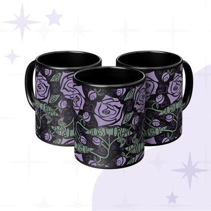 Three black ceramic anti-Trump mugs with Art Nouveau lavender rose and hidden message design grouped together