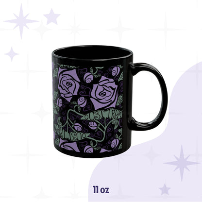 11 oz anti-Trump hidden message mug with dark botanical floral wrap print on black ceramic