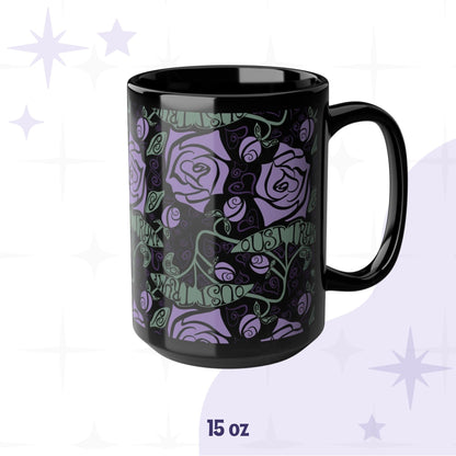 15 oz anti-Trump hidden message mug with dark botanical floral wrap print on black ceramic