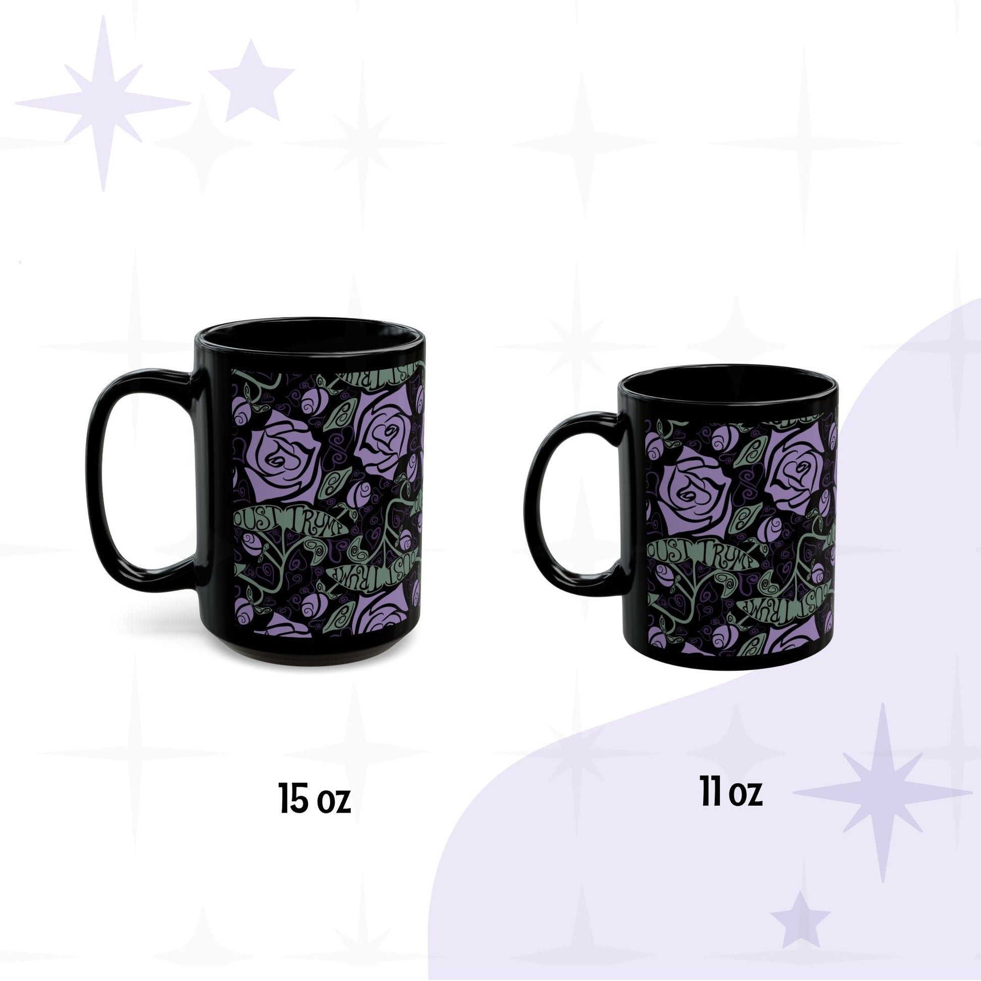 Side-by-side size comparison of 15 oz and 11 oz anti-Trump floral gothic black ceramic coffee mugs