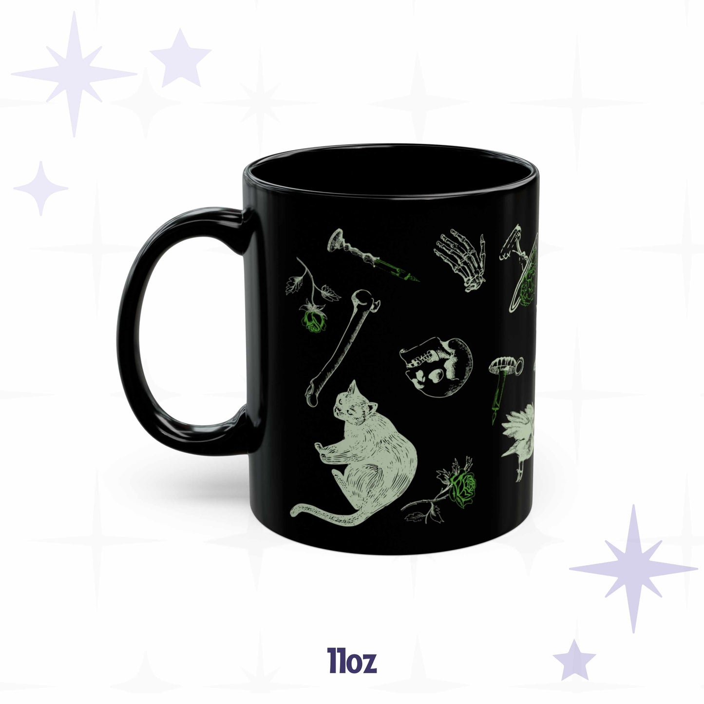 11 oz arsenic green cybergoth mug with a seated black cat, a skull, loose bones, and a rose on glossy black ceramic