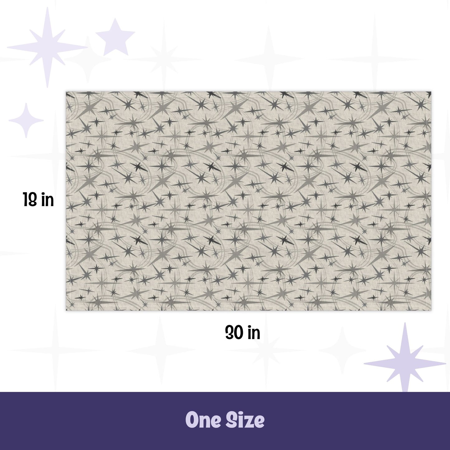 Flat lay of a gray atomic starburst tea towel showing full 18 by 30 inch dimensions with size measurements labeled on a neutral background