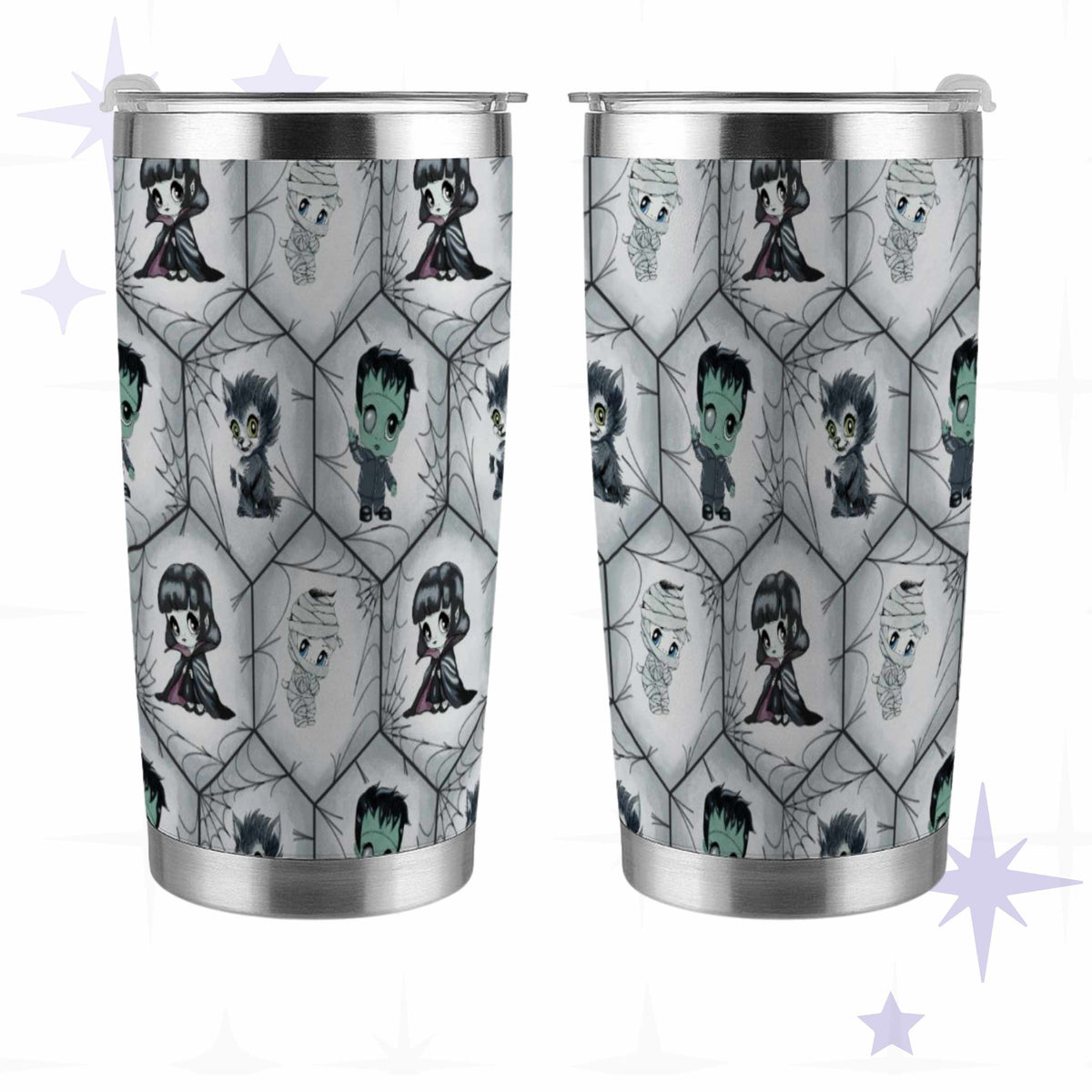 Front and back views of the goth tumbler showing the full wrapped hexagon spiderweb design with colored chibi monsters