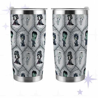Front and back views of the goth tumbler showing the full wrapped hexagon spiderweb design with colored chibi monsters