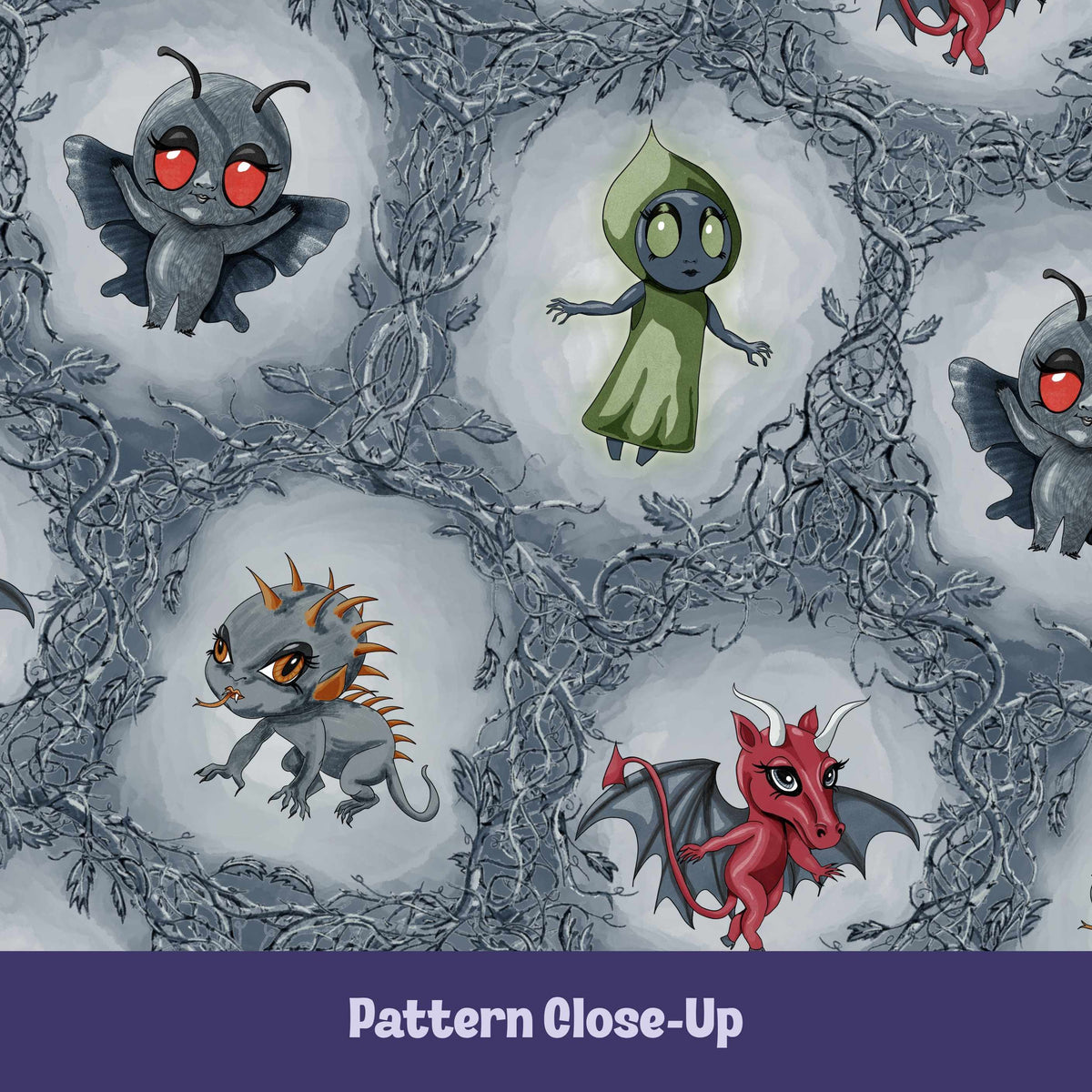 Close-up of the cryptid pattern showing Mothman with red eyes, the Flatwoods Monster in an olive hood, an amber-spined chupacabra, and the crimson Jersey Devil in misty clearings