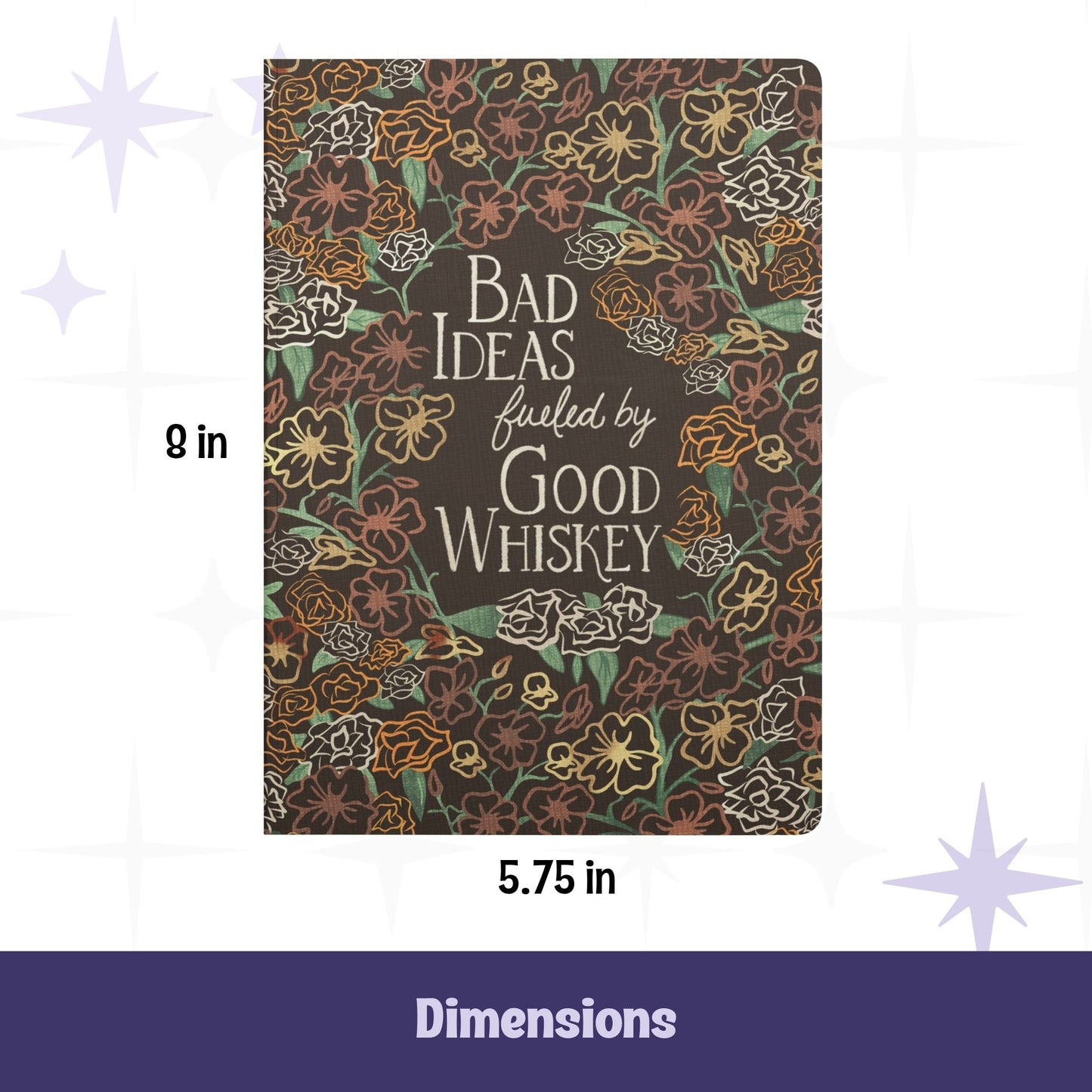 Cowgirl floral softcover notebook with dimensions labeled 5.75 inches wide by 8 inches tall