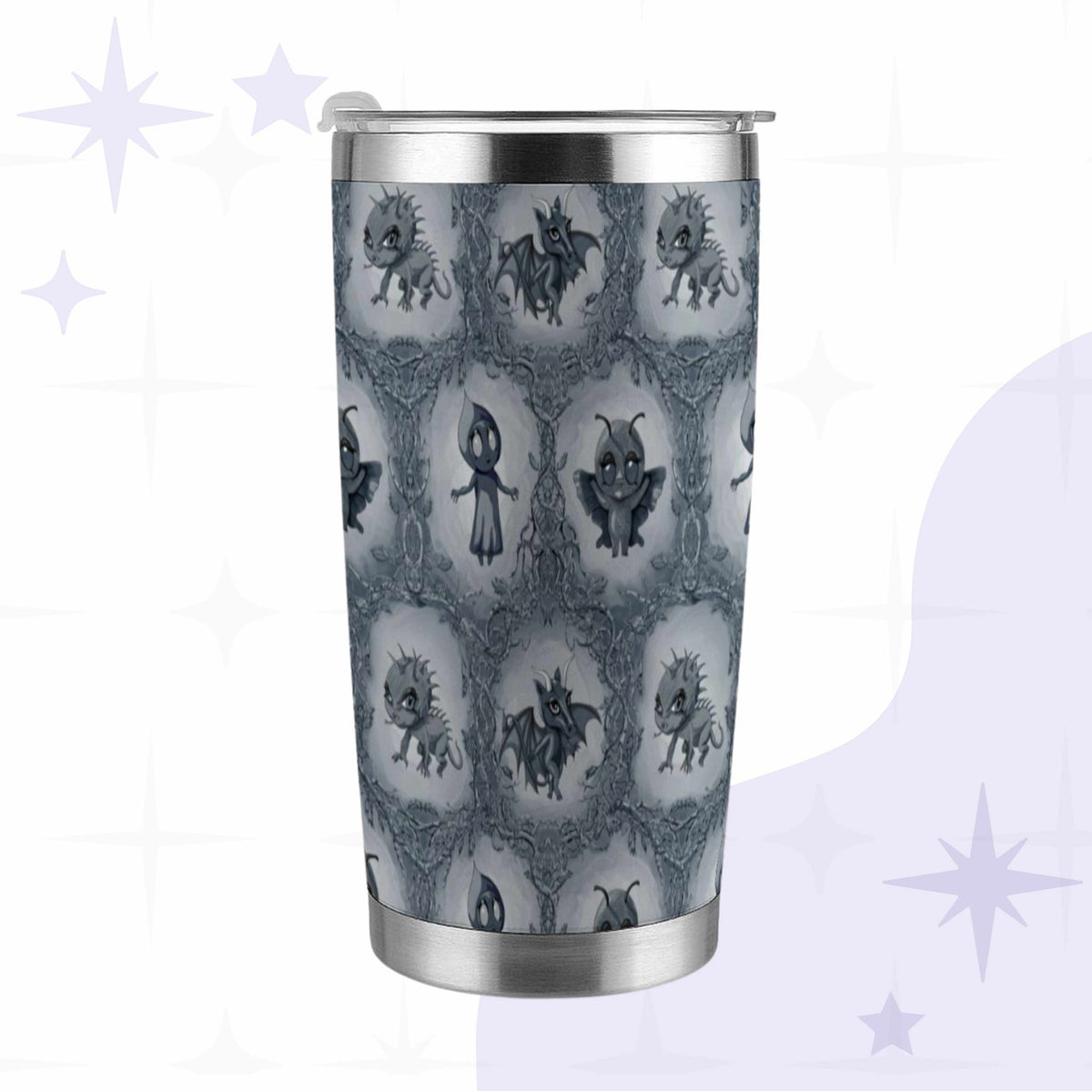 Cool gray cryptid tumbler with hand-drawn Mothman, Flatwoods Monster, chupacabra, and Jersey Devil set in clearings among thorny brambles