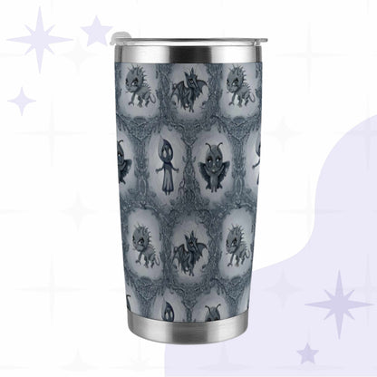 Cool gray cryptid tumbler with hand-drawn Mothman, Flatwoods Monster, chupacabra, and Jersey Devil set in clearings among thorny brambles