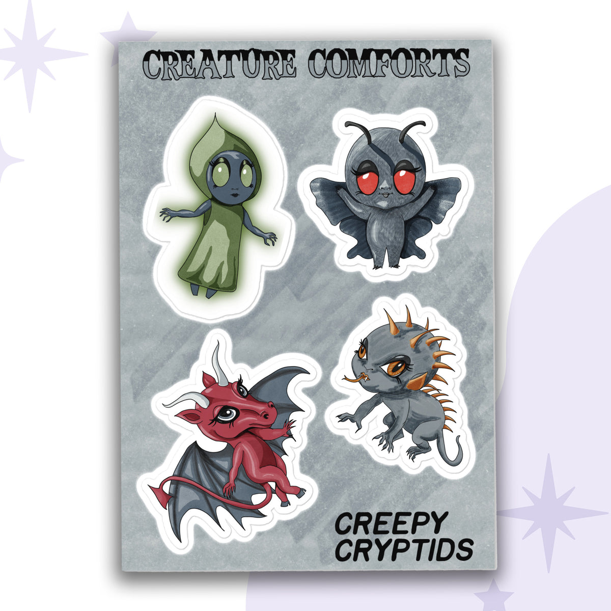 Cryptid sticker sheet with four chibi characters, the Flatwoods Monster, Mothman, the Jersey Devil, and the Chupacabra, on a gray backing card