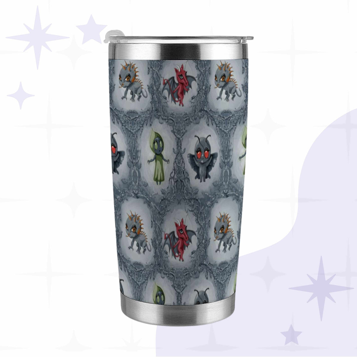 Cryptid tumbler with a crimson Jersey Devil, olive-hooded Flatwoods Monster, amber-spined chupacabra, and red-eyed Mothman among thorny brambles