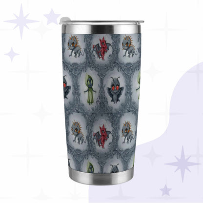 Cryptid tumbler with a crimson Jersey Devil, olive-hooded Flatwoods Monster, amber-spined chupacabra, and red-eyed Mothman among thorny brambles