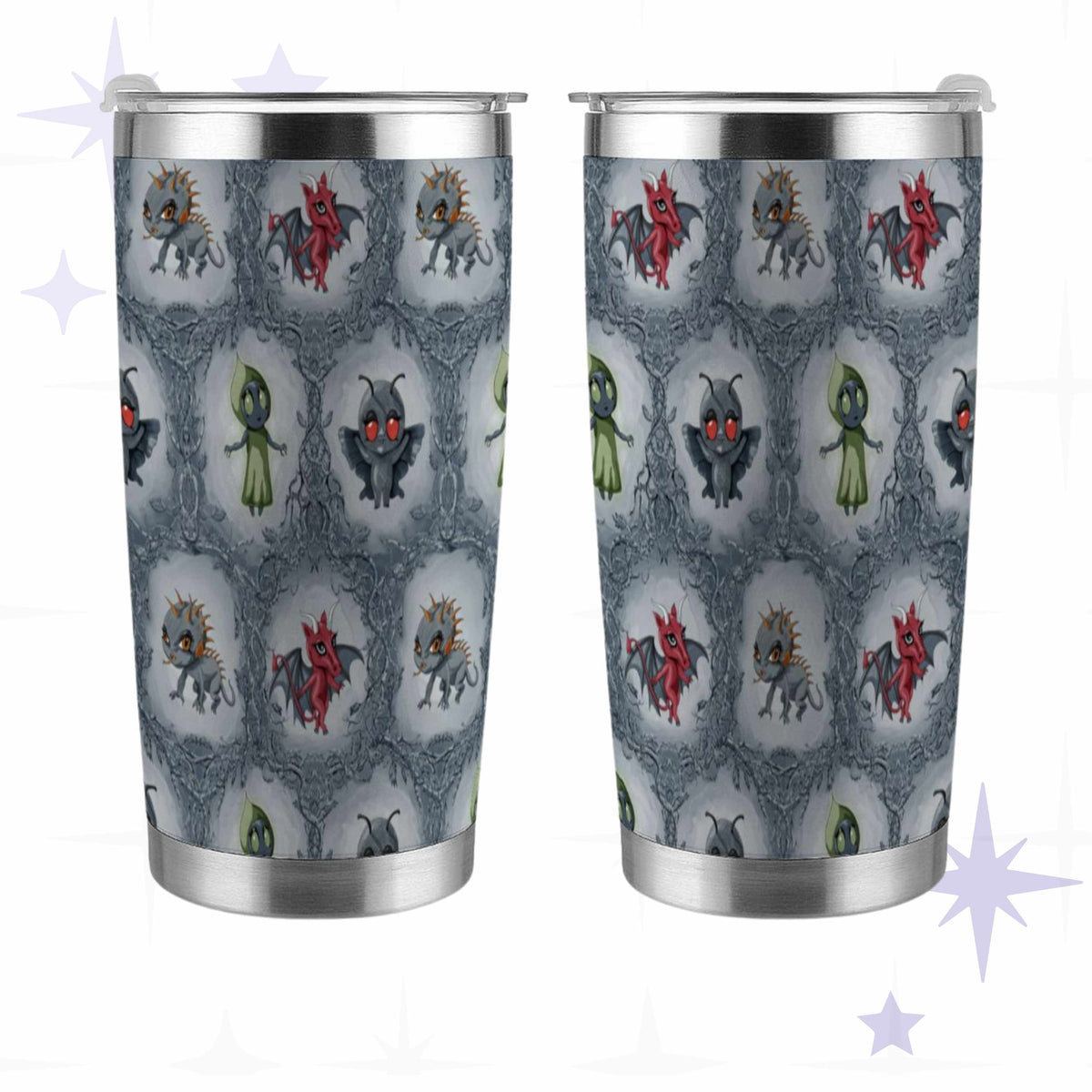 Front and back views of the colorful cryptid tumbler showing the full wrapped bramble thicket design