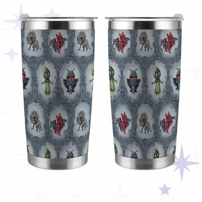Front and back views of the colorful cryptid tumbler showing the full wrapped bramble thicket design