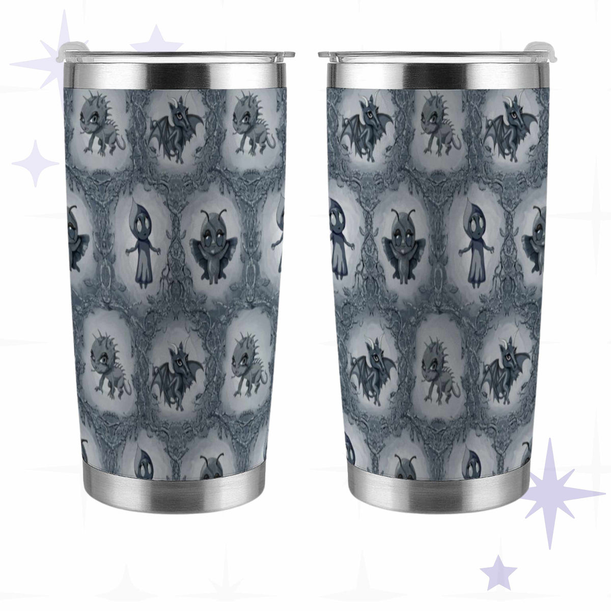 Front and back views of the cool gray cryptid tumbler showing the full wrapped bramble thicket design