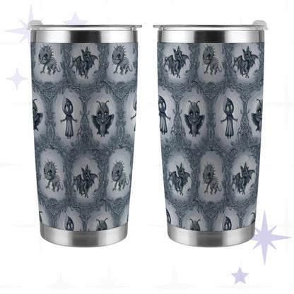Front and back views of the cool gray cryptid tumbler showing the full wrapped bramble thicket design