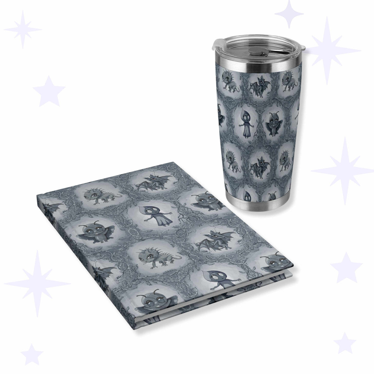 Slate gray stainless steel tumbler and matching hardcover journal printed with Mothman, the Jersey Devil, the Flatwoods Monster, and the Chupacabra in a thorny briar pattern.