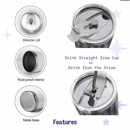 Tumbler features including the clear silicone slider lid, rust-proof interior, and metal base, shown with the metal straw in place