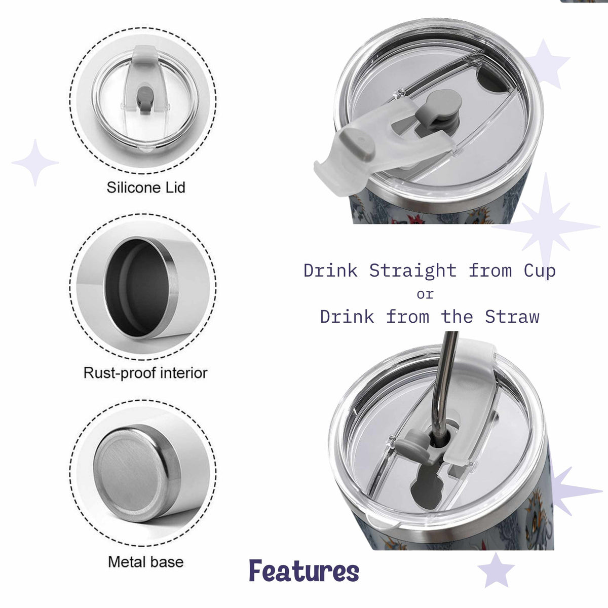 Tumbler features including the clear silicone slider lid, rust-proof interior, and metal base, shown with the metal straw in place