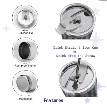 Tumbler features including the clear silicone slider lid, rust-proof interior, and metal base, shown with the metal straw in place