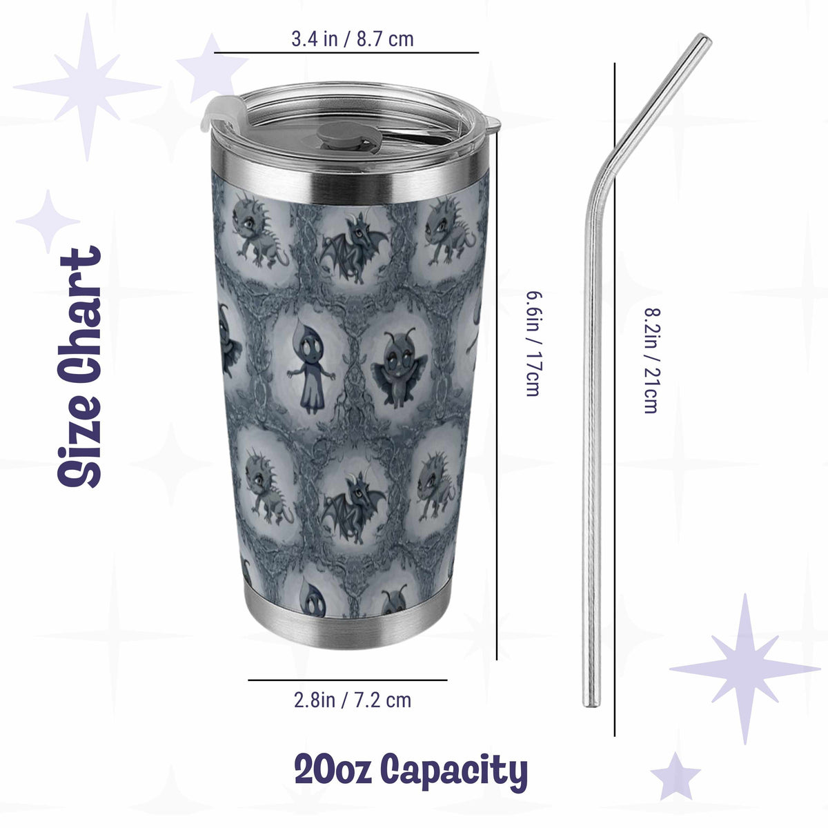 Size chart for the 20oz stainless steel cryptid tumbler, 6.6 inches tall and 3.4 inches wide with an 8.2 inch metal straw