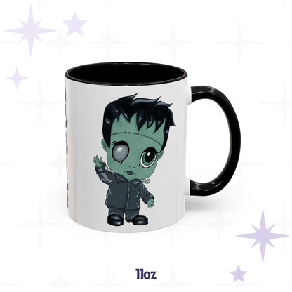 Chibi Frankenstein coffee mug in 11 oz, black-handled accent mug with mint-green monster art