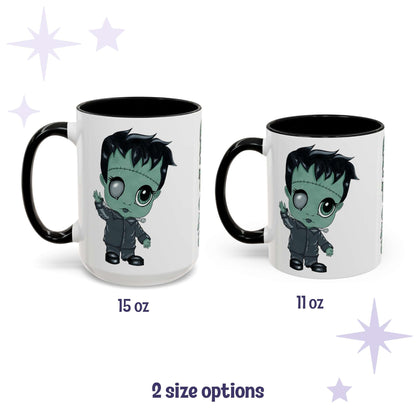 Chibi Frankenstein monster mug shown in 15 oz and 11 oz, white ceramic with black interior and handle