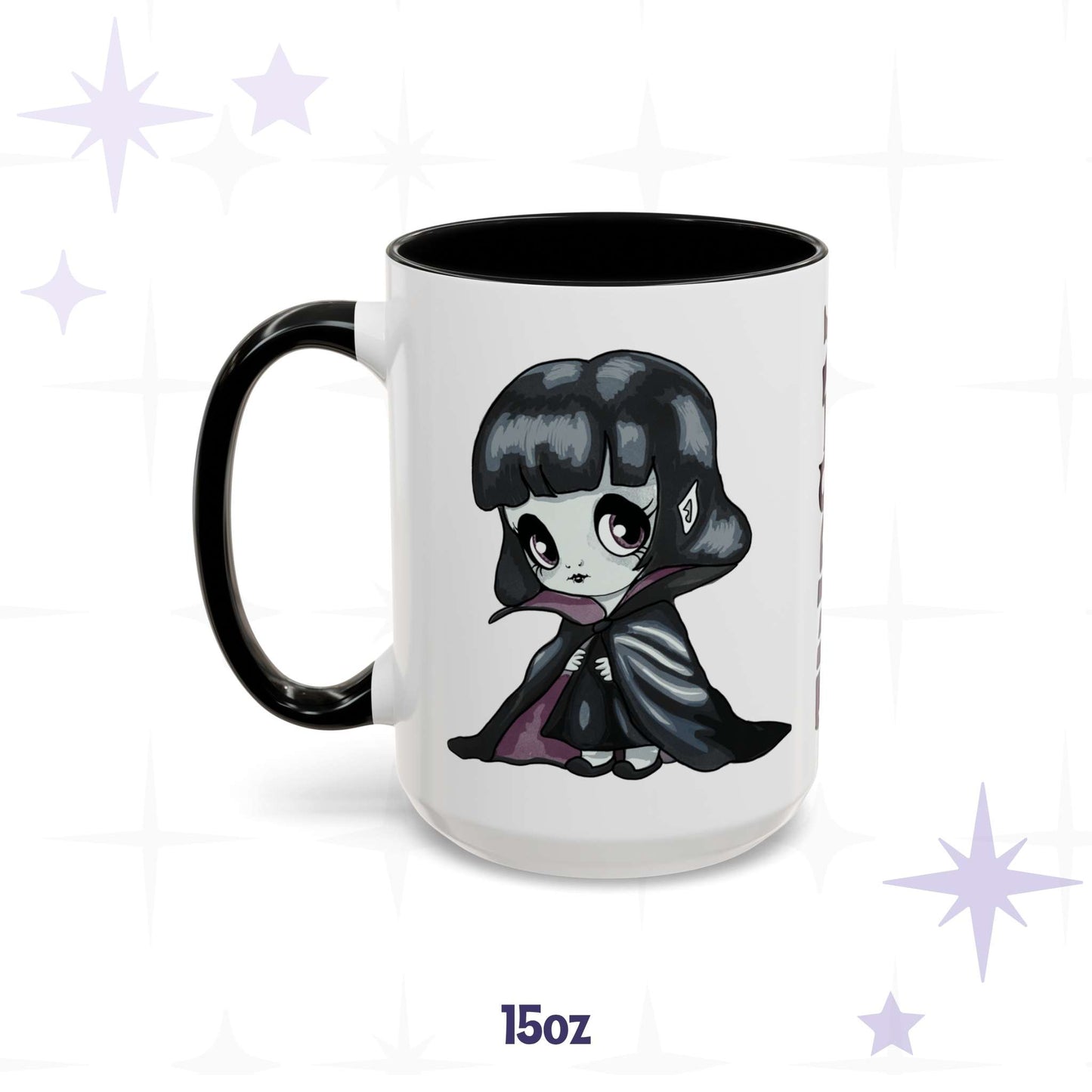 Cute vampire girl goth mug in 15 oz, white with black accent handle and rim