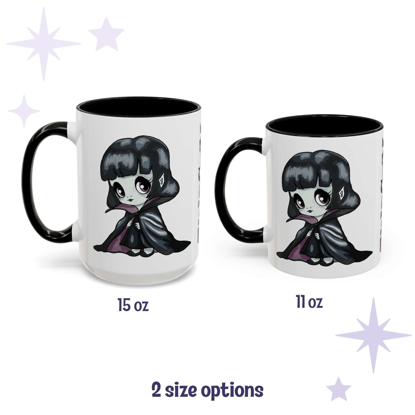 Chibi goth vampire mug shown in 15 oz and 11 oz, white ceramic with black interior and handle