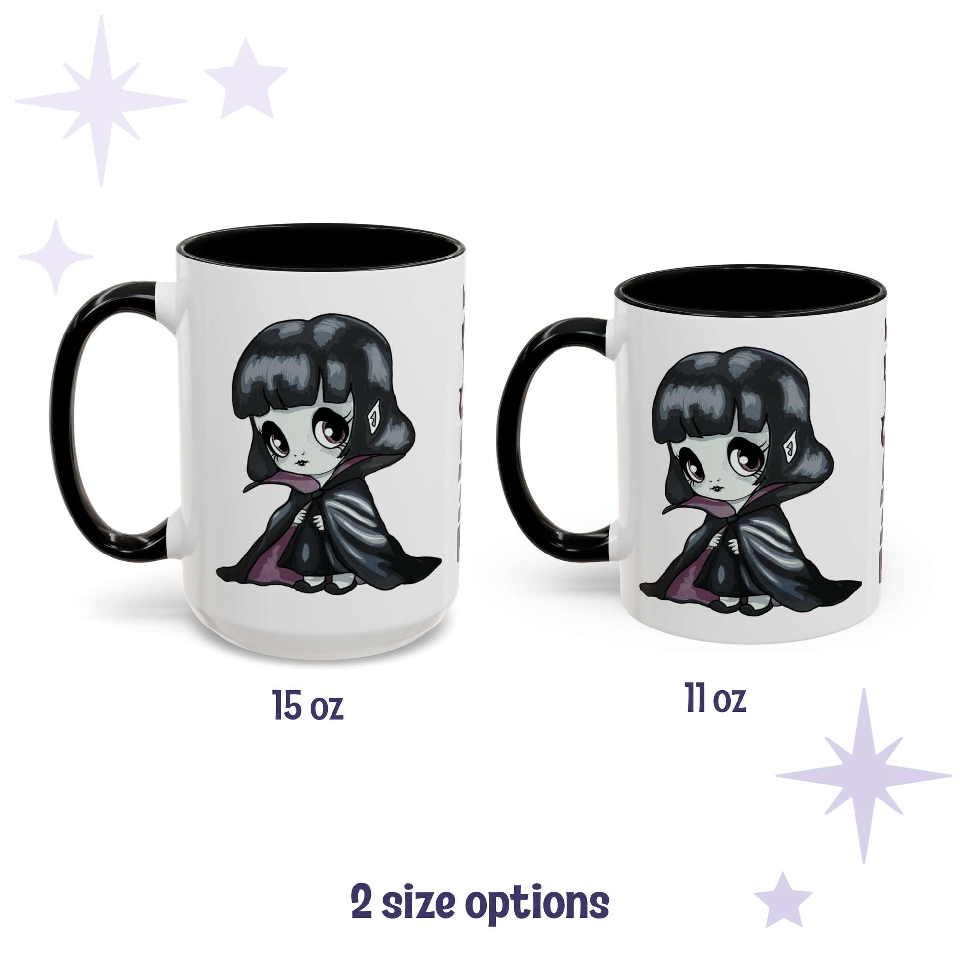 Chibi goth vampire mug shown in 15 oz and 11 oz, white ceramic with black interior and handle