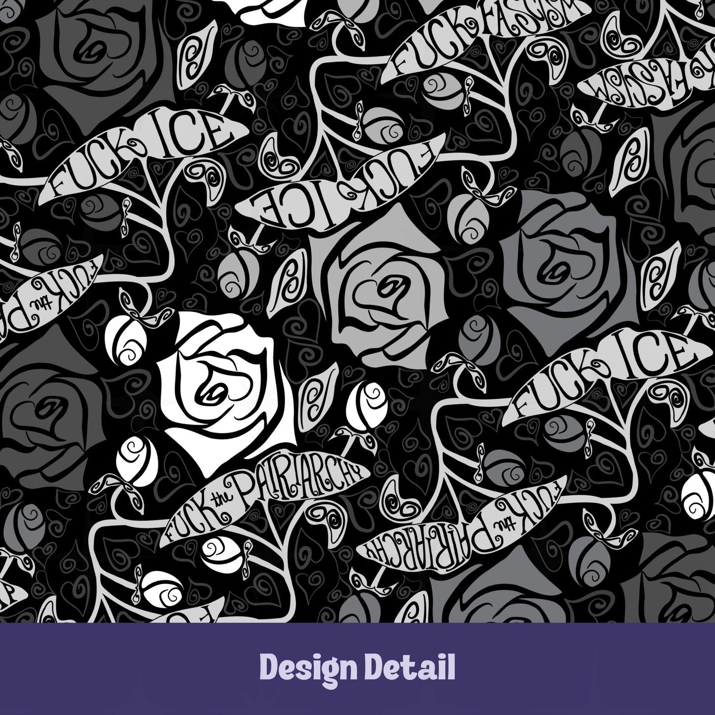 Close-up design detail of feminist hidden profanity serving platter showing hand drawn roses in black white and gray with hand lettered banners reading protest phrases in tattoo style script