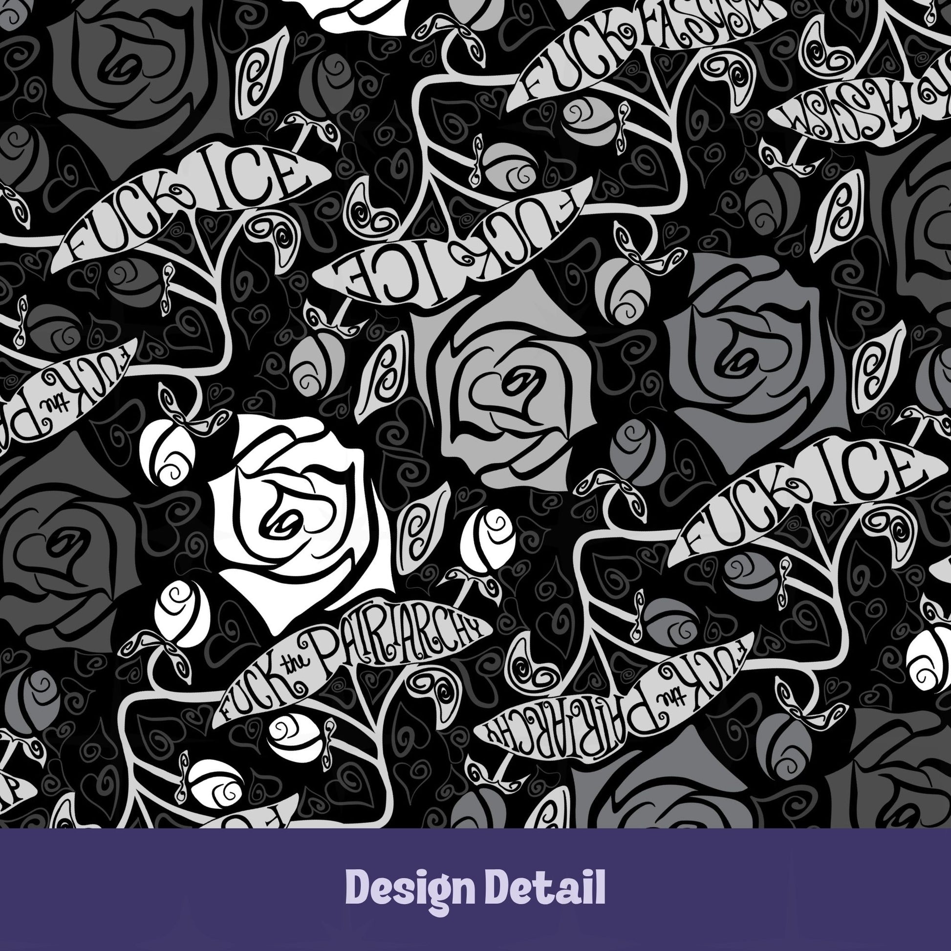 Close-up design detail of feminist hidden profanity serving platter showing hand drawn roses in black white and gray with hand lettered banners reading protest phrases in tattoo style script